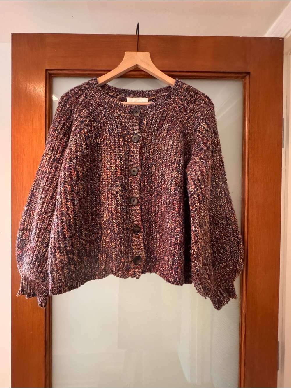 THE GREAT. Multicolor Plum-Brown Chunky Knit Button Cardigan